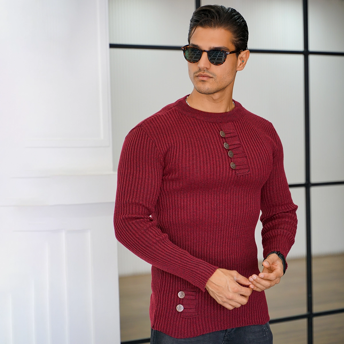 بافت مردانه زرشکی مدل دکمه ای