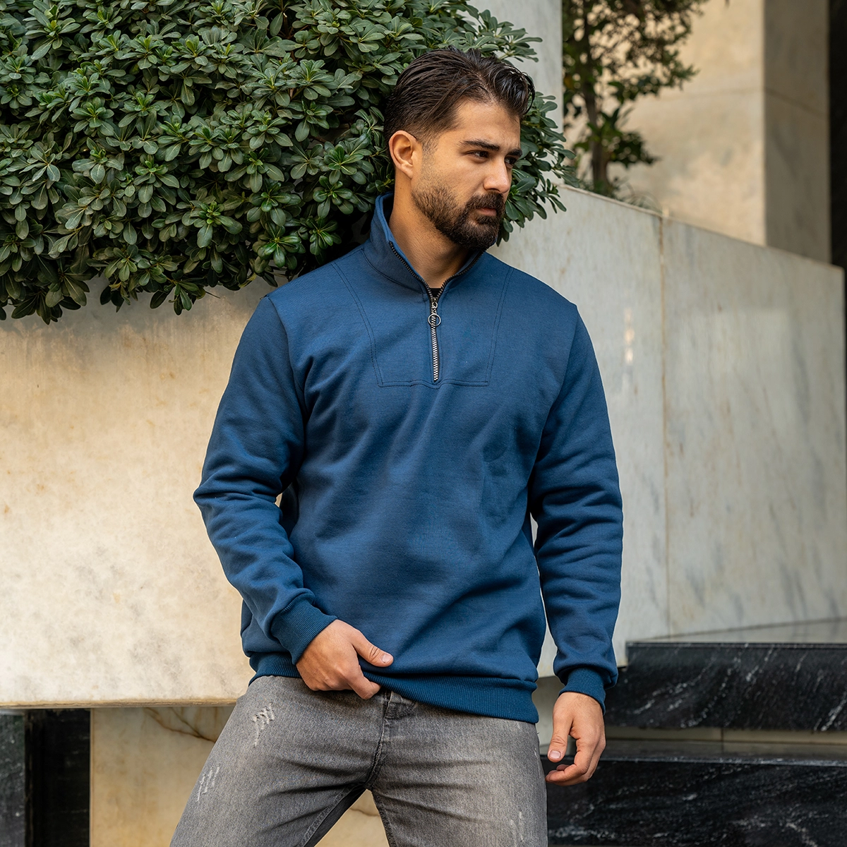 هودی نیم زیپ مردانه آبی مدل Shobin