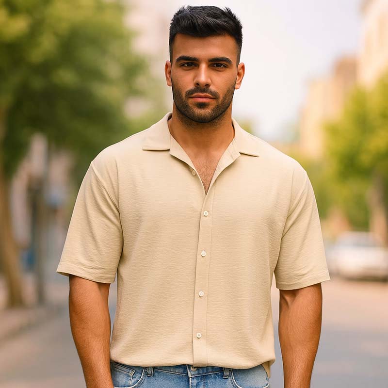 پیراهن آستین کوتاه کرم مردانه مدل باکسی