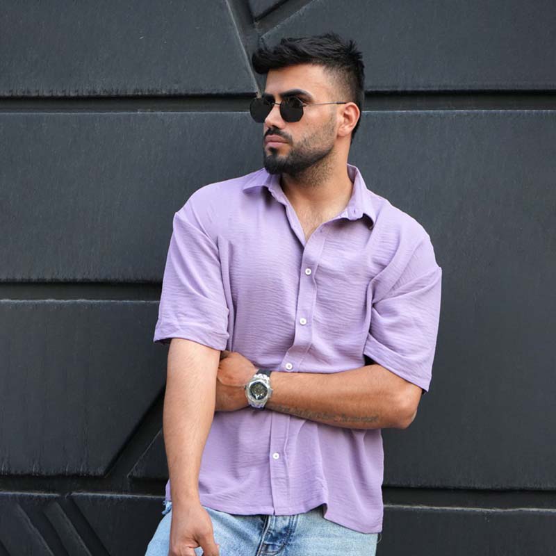 پیراهن آستین کوتاه بنفش مردانه مدل باکسی