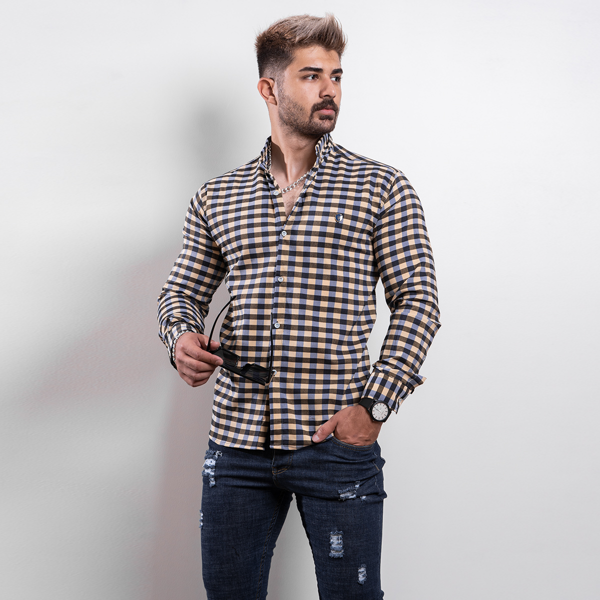 پیراهن شطرنجی زرد مردانه مدل Crown