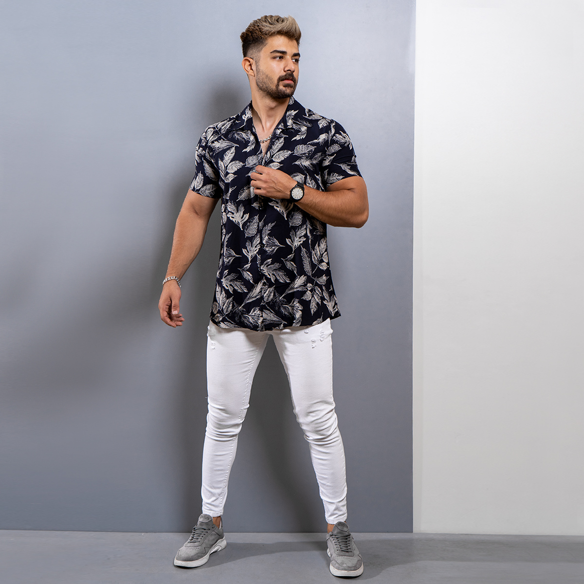 پیراهن هاوایی مردانه سرمه ای مدل Tinkal-